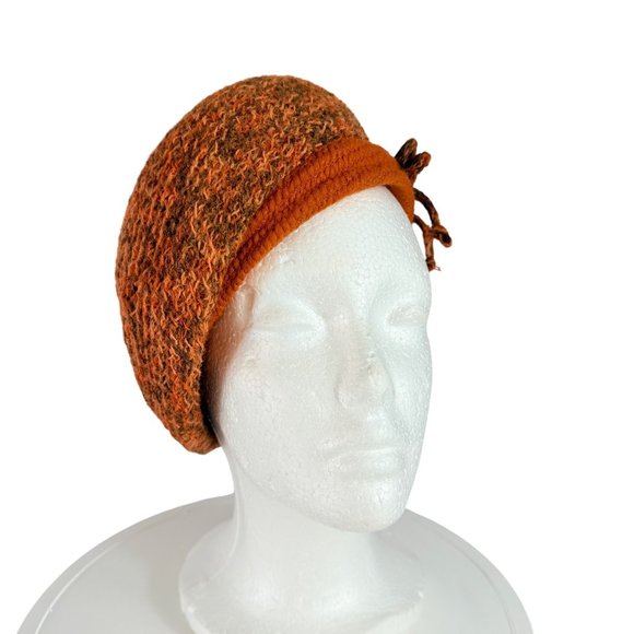 Everett Original Knitted Beret Hat VTG 70s Orange Brown Textured Wool Bow Retro - Picture 12 of 13
